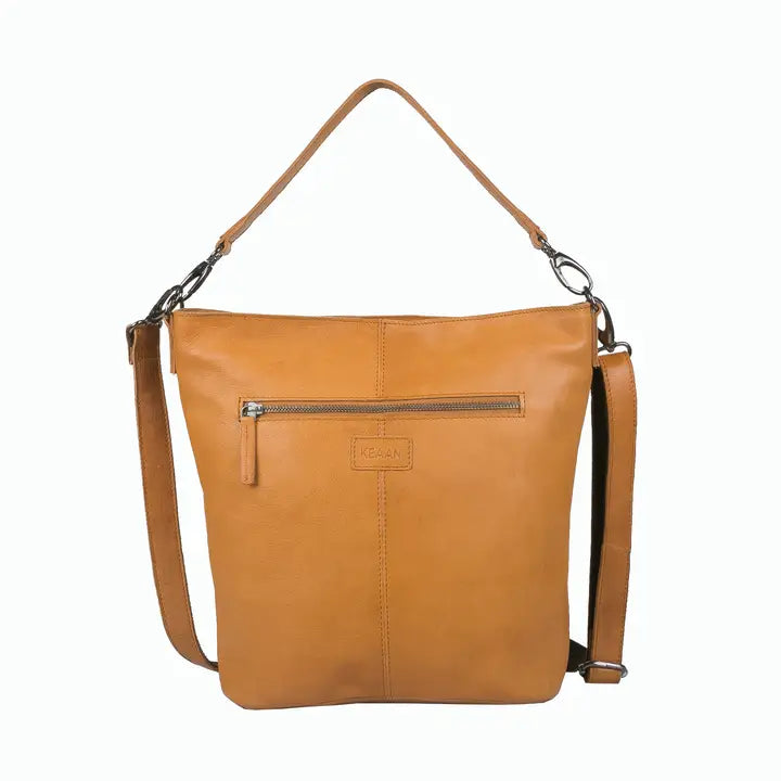 Tan leather handbag with a shoulder strap on a white background
