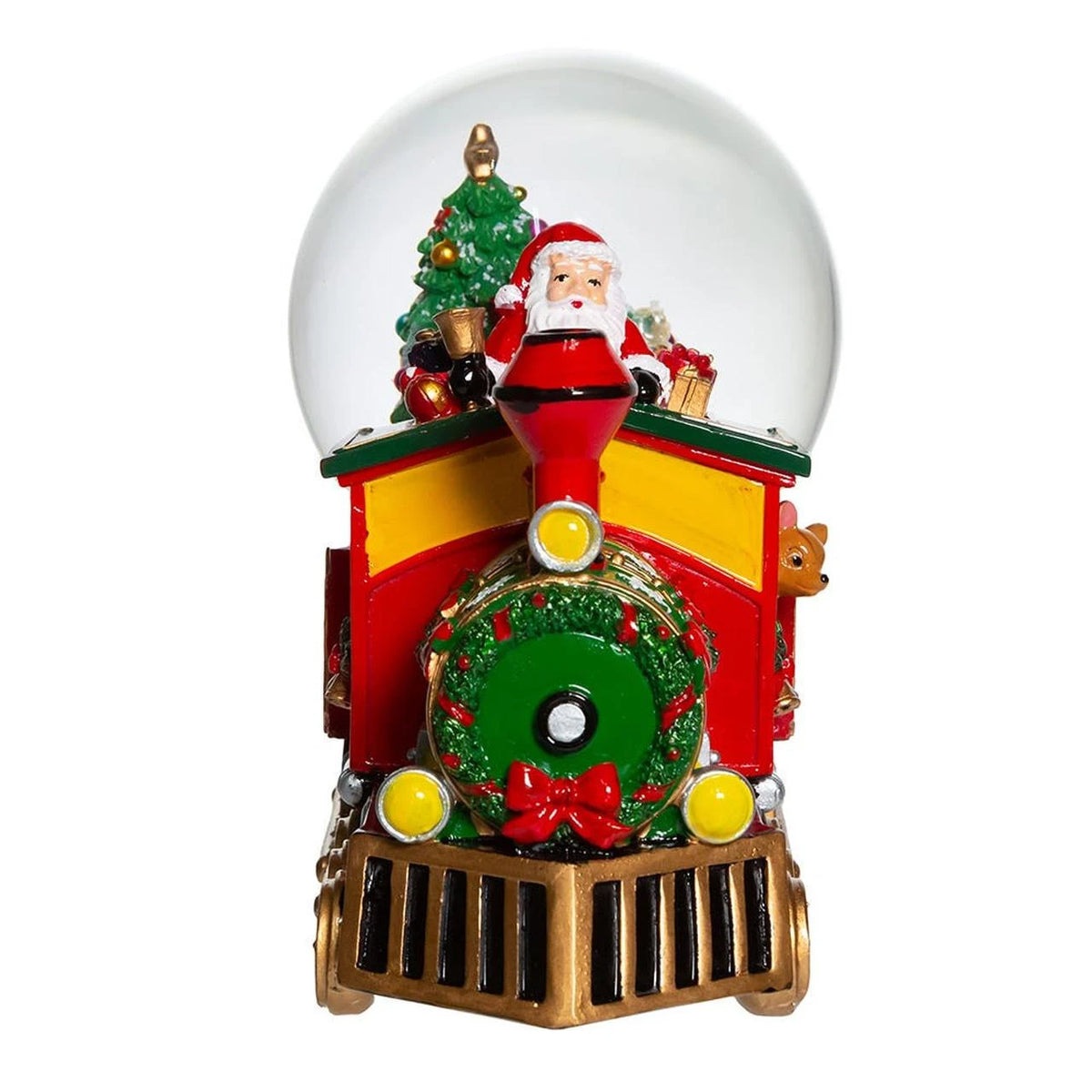 Christmas-themed snow globe with Santa Claus and a train on a white background