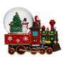 Christmas-themed snowglobe with a train, Santa Claus, and festive decorations on a white background.