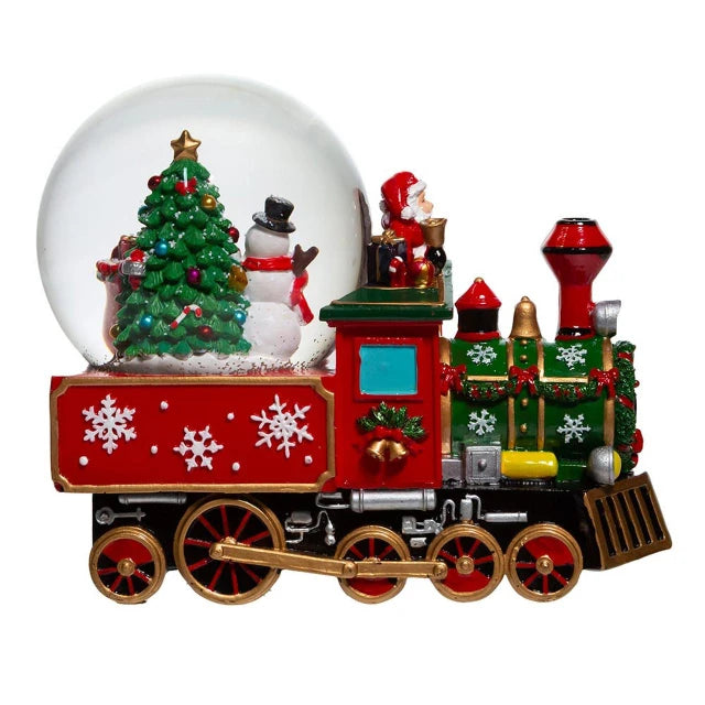 Christmas-themed snowglobe with a train, Santa Claus, and festive decorations on a white background.