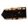 A vintage black leather belt with gold-toned metal rivets and buckles, shown from a top-down angle on a white background.