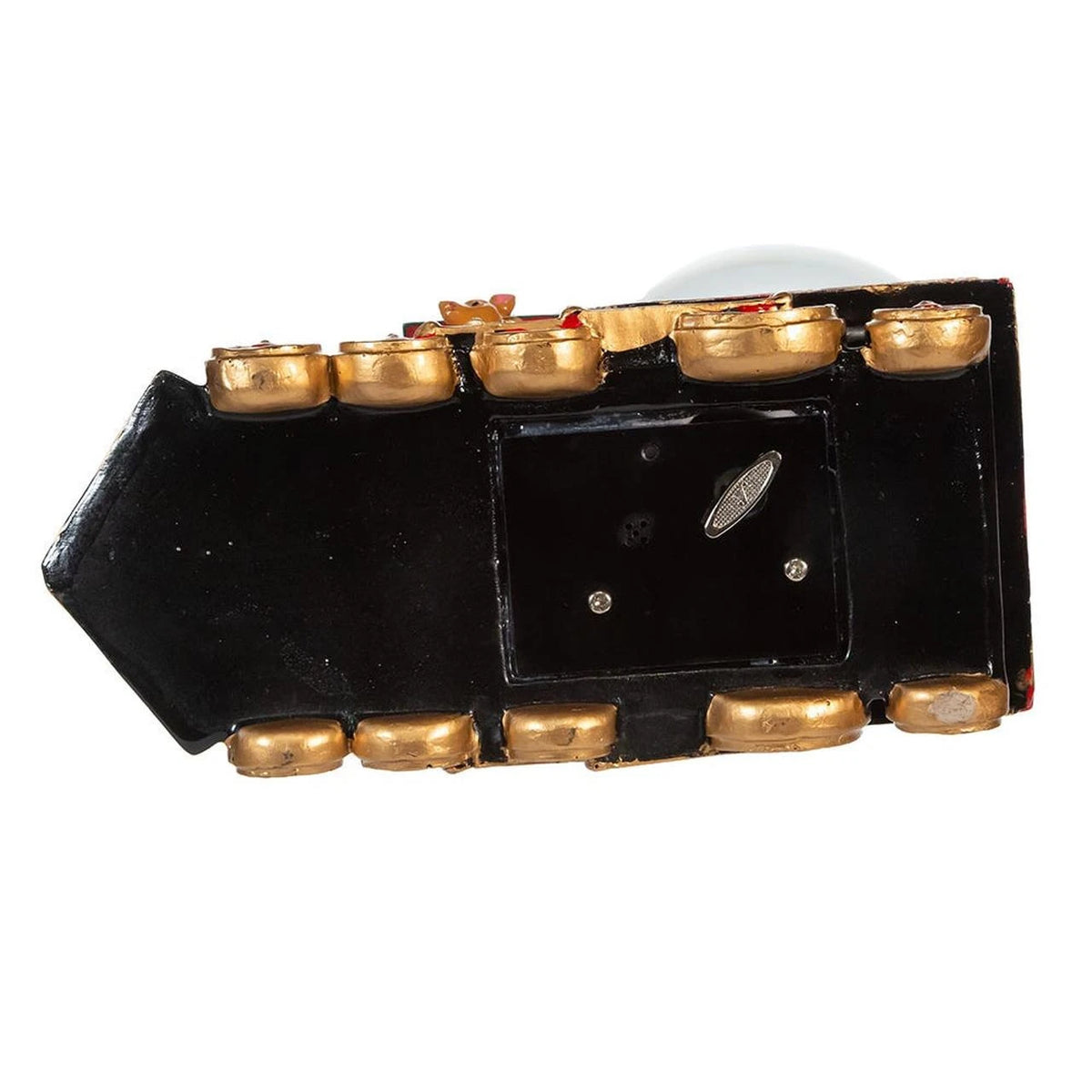 A vintage black leather belt with gold-toned metal rivets and buckles, shown from a top-down angle on a white background.