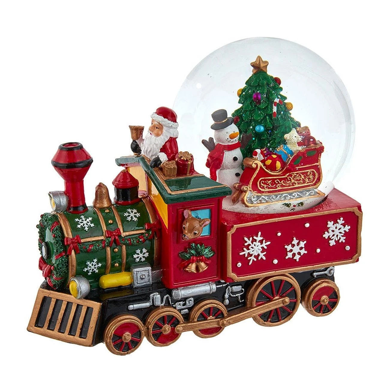 Christmas-themed train with Santa Claus, snowman, and tree inside a snow globe on a white background