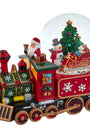 Christmas-themed train with Santa Claus, snowman, and tree inside a snow globe on a white background