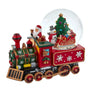 Christmas-themed train with Santa Claus, snowman, and tree inside a snow globe on a white background