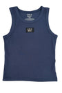 Navy blue tank top with Lulu Mac logo on a white background