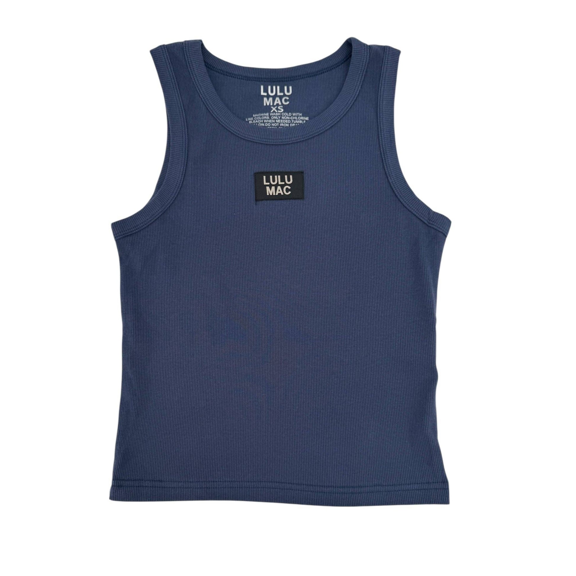 Navy blue tank top with Lulu Mac logo on a white background