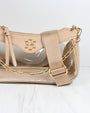 Beige handbag with gold chain detail on a white background