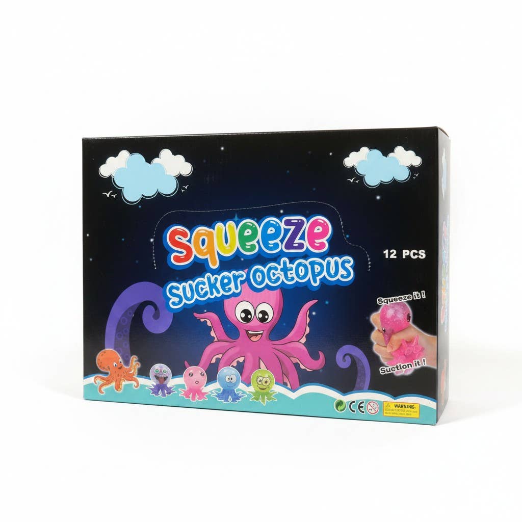 Box of Squeeze Sucker Octopus toys with colorful design on a white background