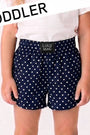 Navy blue polka dot shorts with a visible brand label on a white background, labeled 'TODDLER'.