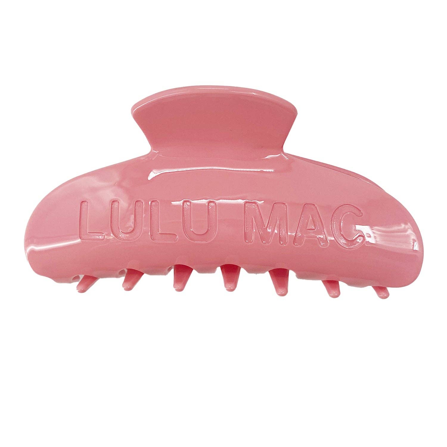 Pink hair clip with 'LULU MAC' branding on a white background