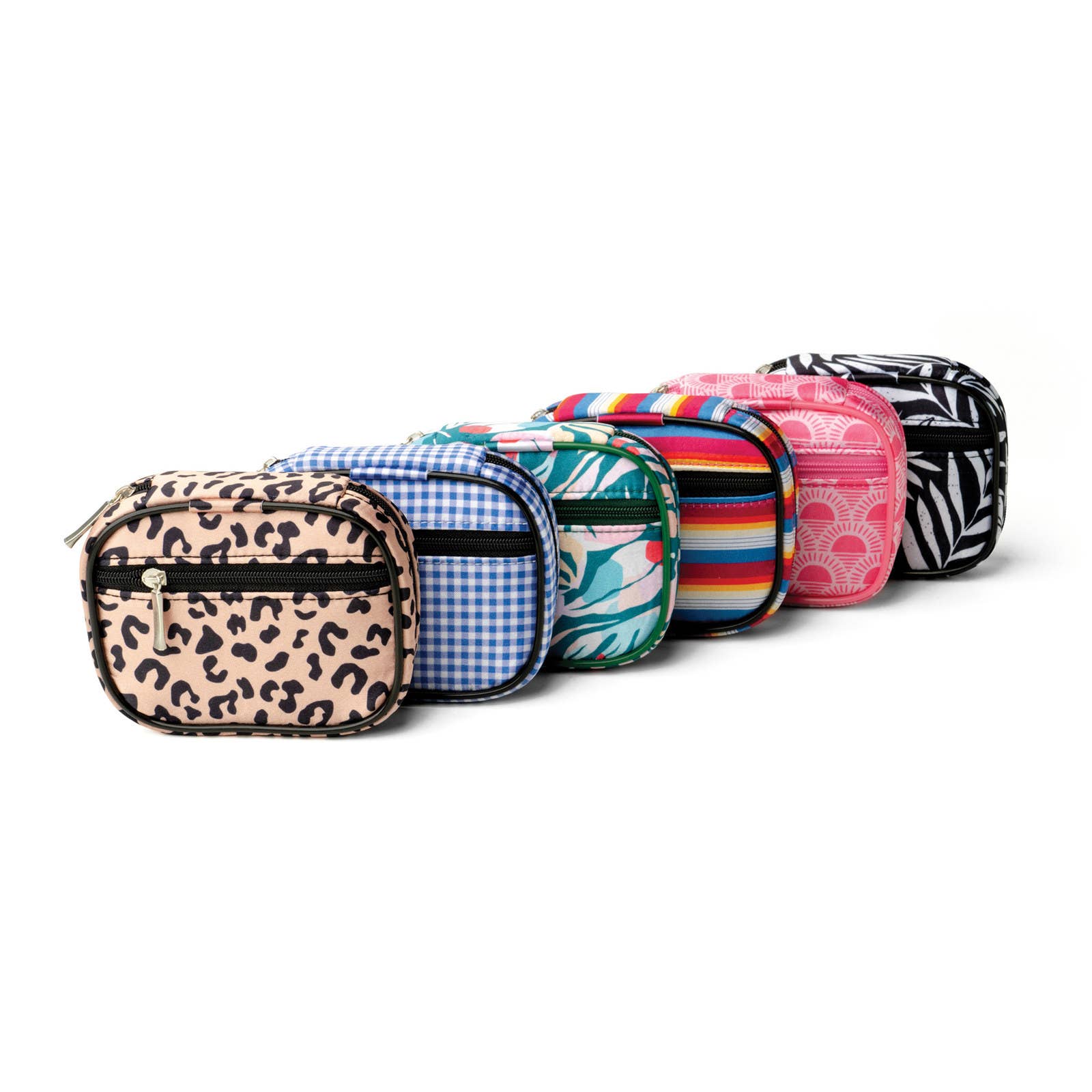 Set of colorful cosmetic bags with various patterns on a white background