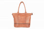 Tan leather tote bag on a white background