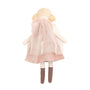 Stuffed doll with a pink cape and white dress on a white background