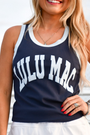 Navy graphic tank top with light blue trim and large abstract lettering