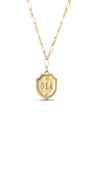 Gold necklace with a shield-shaped pendant displaying the number '914' on a white background