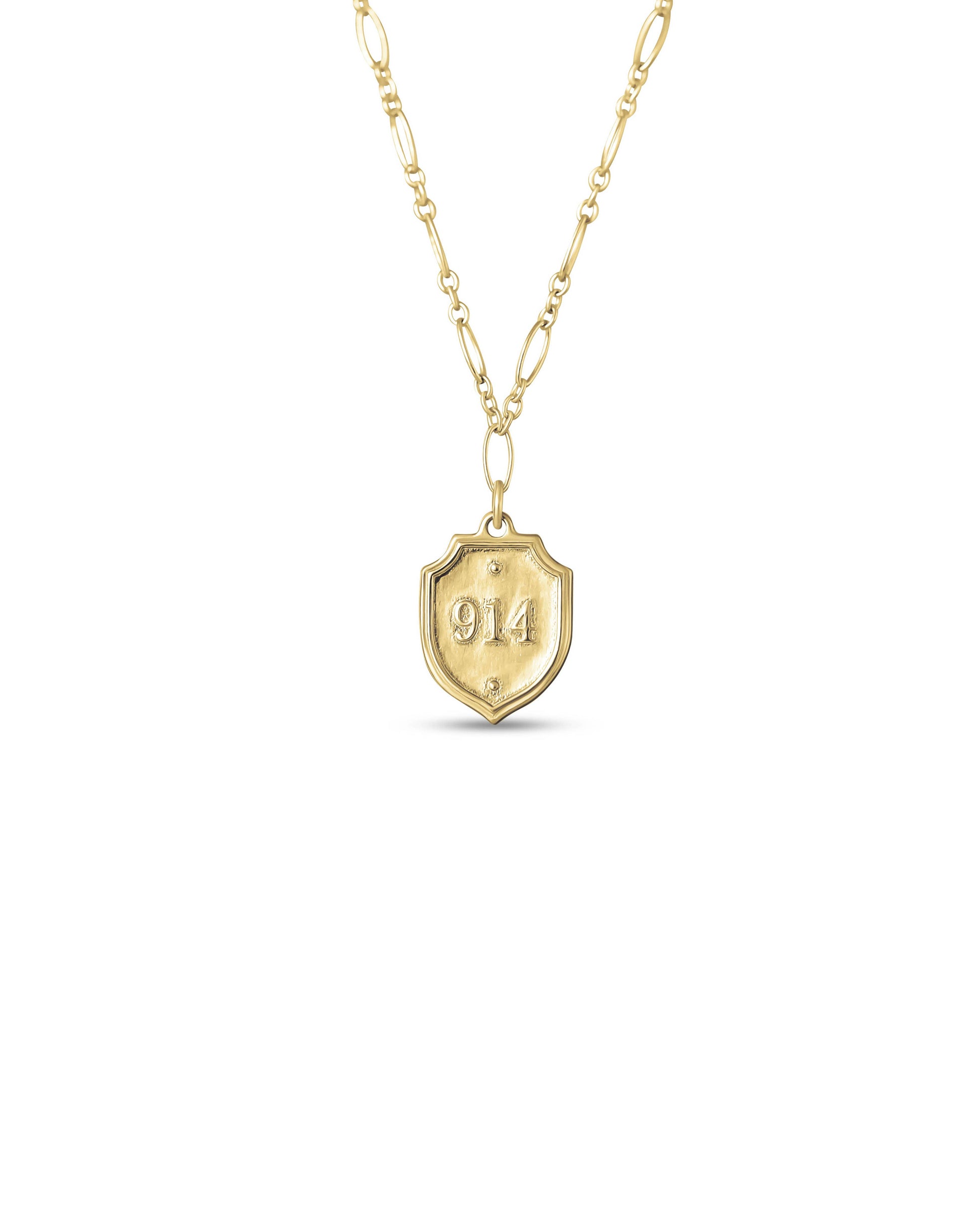 Gold necklace with a shield-shaped pendant displaying the number '914' on a white background