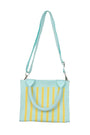 Light blue crossbody bag with yellow stripes on a white background
