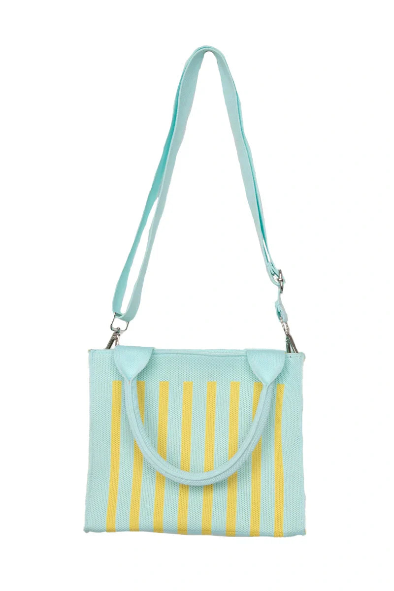 Light blue crossbody bag with yellow stripes on a white background