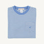 Folded blue and white striped shirt with a small logo on a light gray background