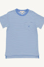 Blue and white striped t-shirt on a white background