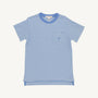 Blue and white striped t-shirt on a white background