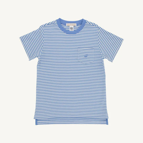 Blue and white striped t-shirt on a white background