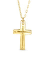 Gold cross necklace on a white background