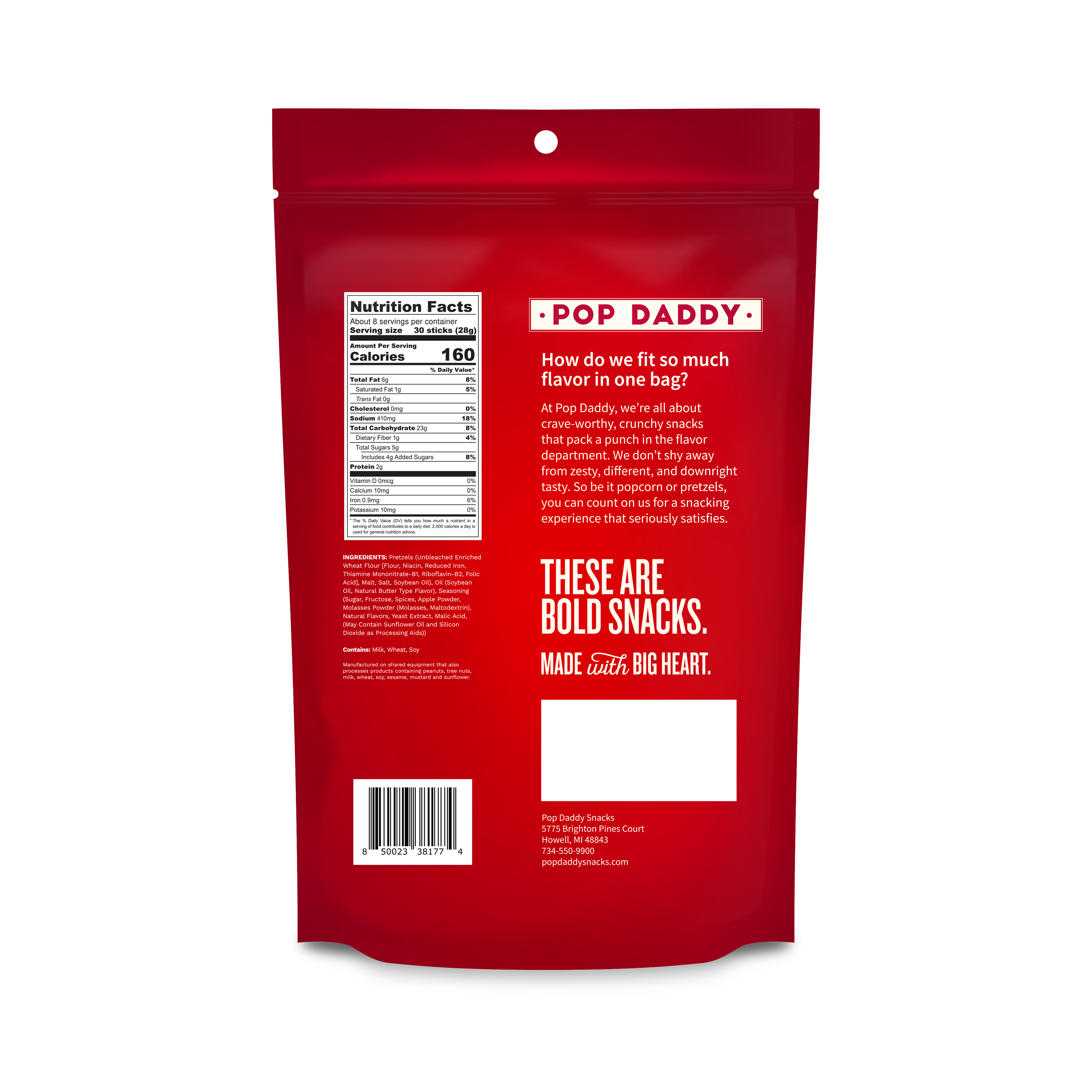 Red snack bag with 'Pop Daddy' branding and text on a white background