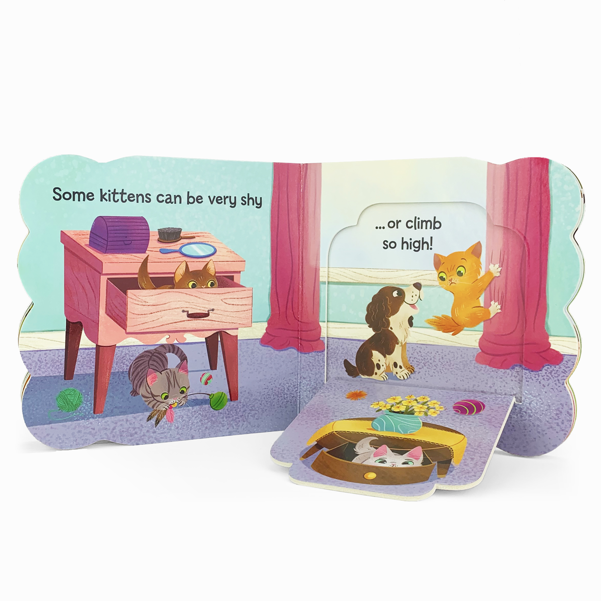 Children's book with illustrations of cats and a dog in a room setting.