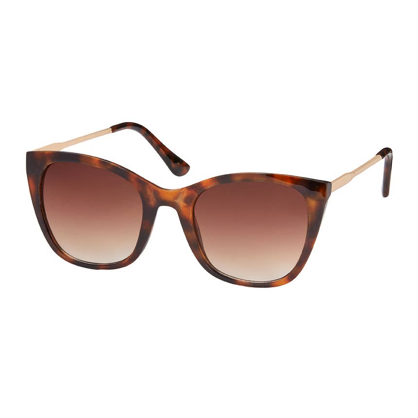 Sunglasses with tortoiseshell frame and brown gradient lenses on a white background