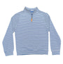 Blue and white striped long-sleeve shirt with a small logo on a white background