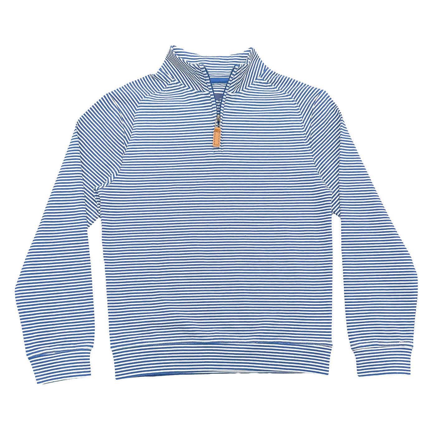 Blue and white striped long-sleeve shirt with a small logo on a white background