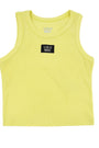 Yellow tank top with a black logo on a white background