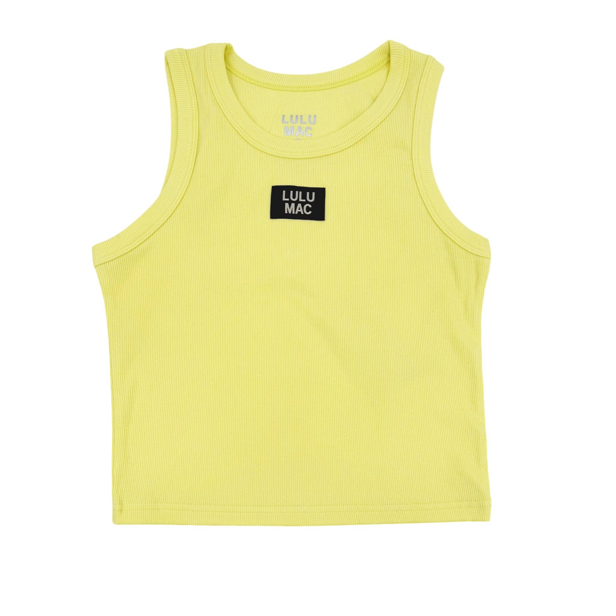 Yellow tank top with a black logo on a white background