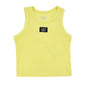 Yellow tank top with a black logo on a white background