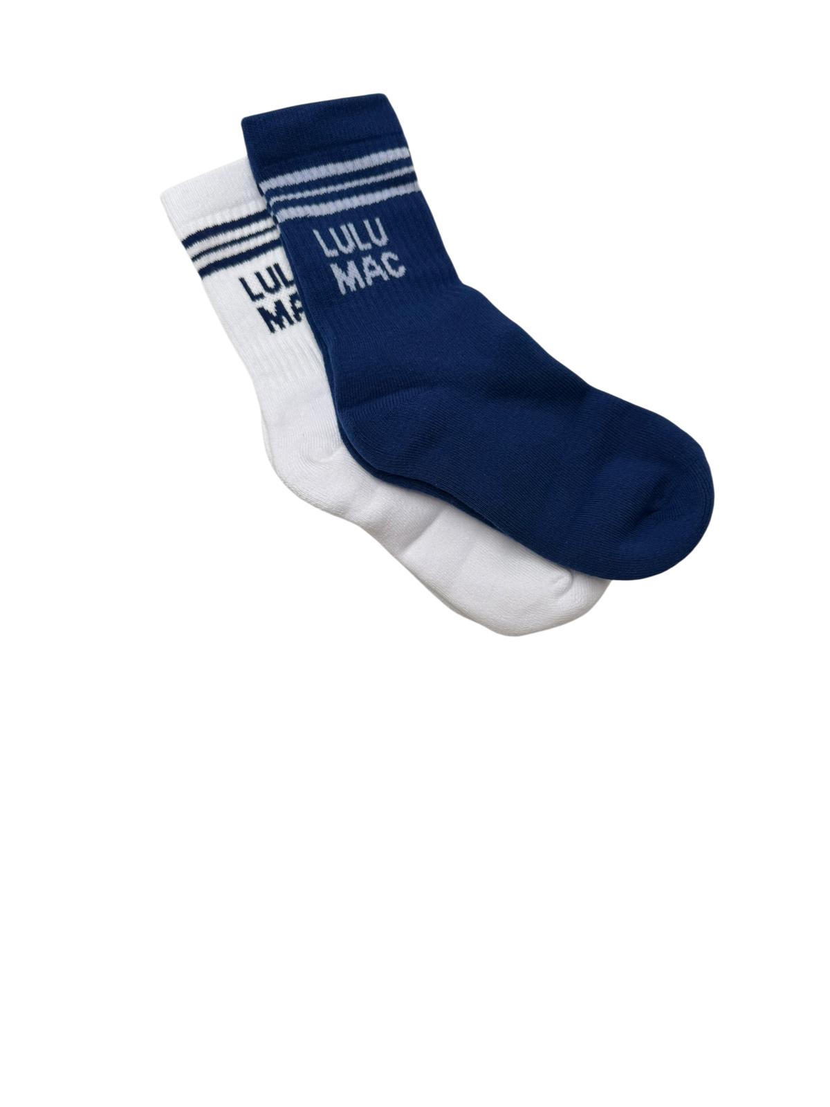 Navy and white half-crew socks with Lulu Mac logo, striped cuffs