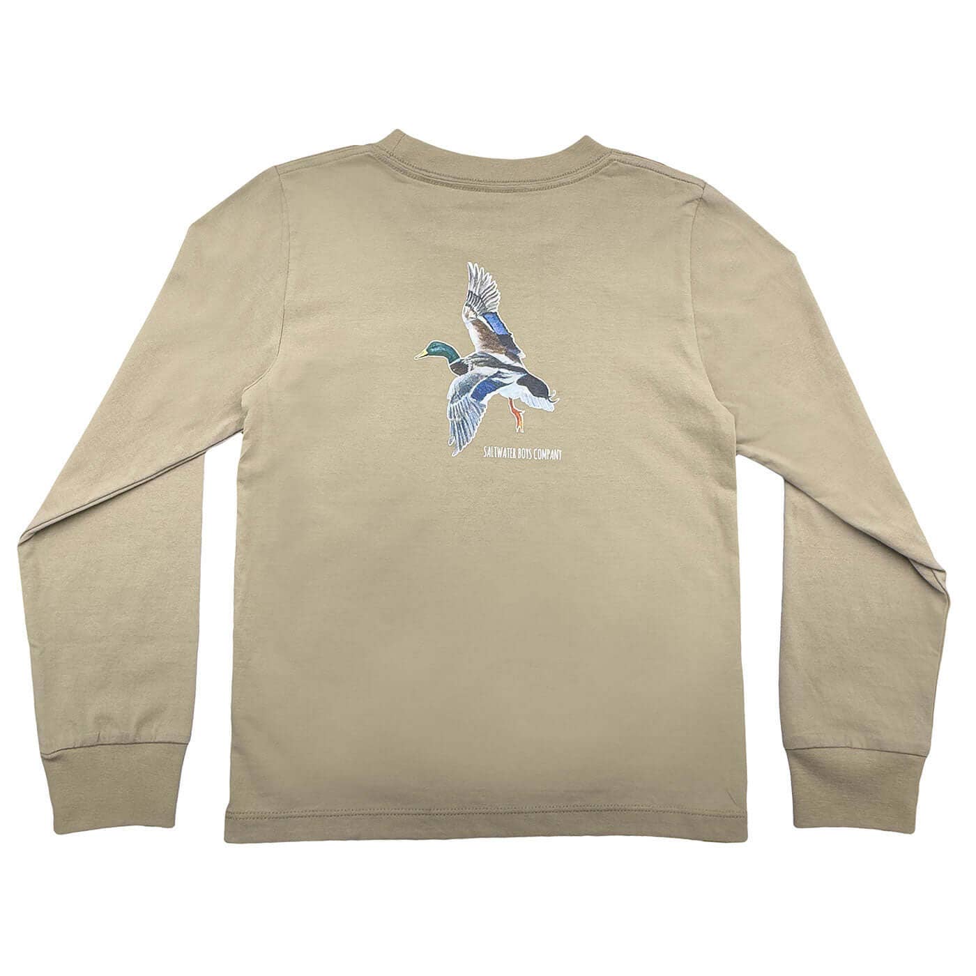 Beige long-sleeve shirt with a duck graphic on the back against a white background
