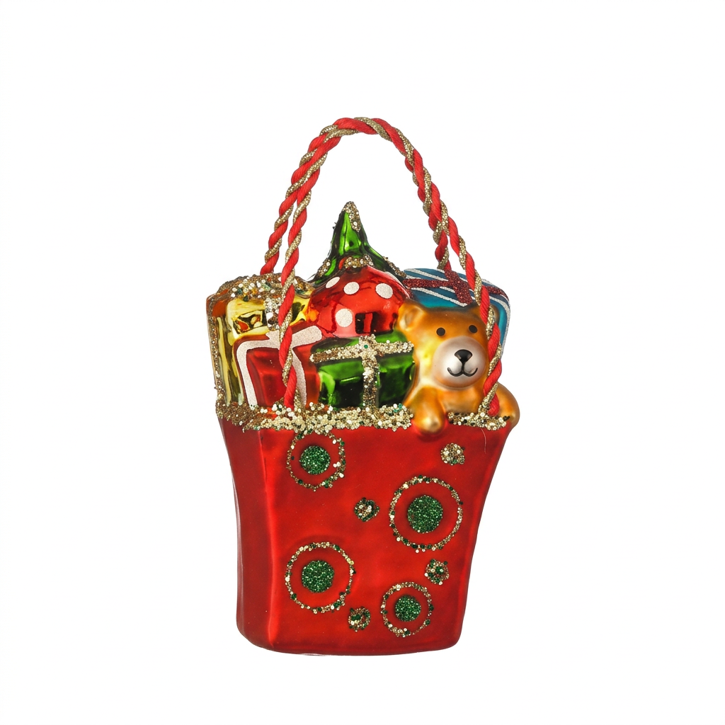 Red holiday gift bag ornament with bear figure, green tree and rope handle