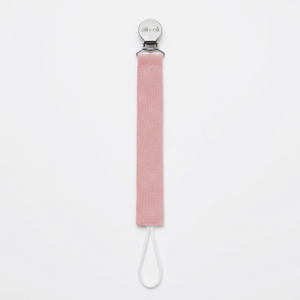 Coral linen pacifier clip with metal clamp and white loop cord