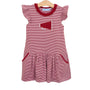 Red and white striped dress with a megaphone design on a hanger against a white background