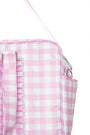 Pink and white checkered bag with a strap on a white background