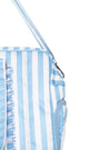 Blue and white striped bag with a strap on a white background