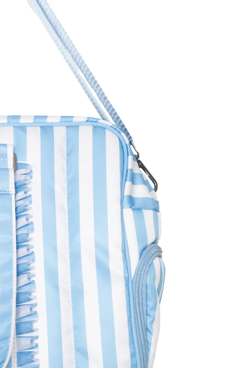 Blue and white striped bag with a strap on a white background