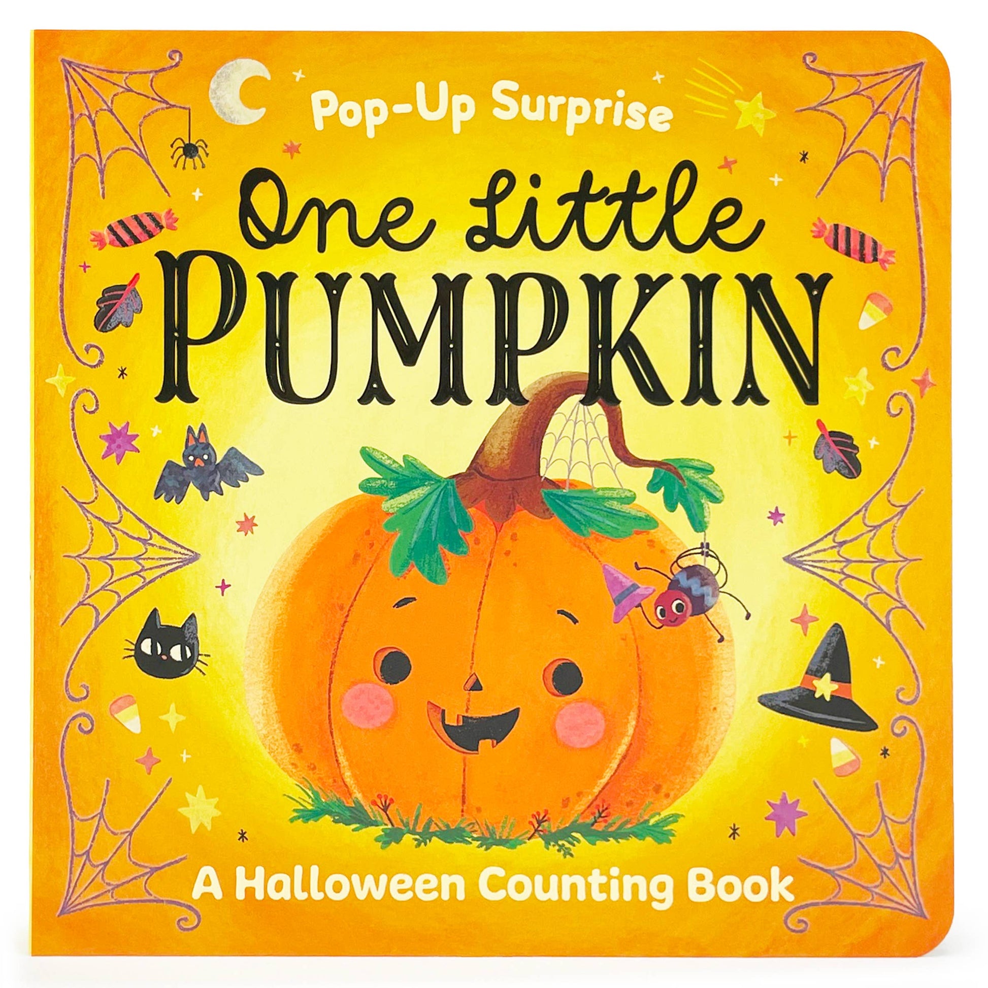 Book cover of 'One Little Pumpkin' with a pumpkin illustration on a yellow background