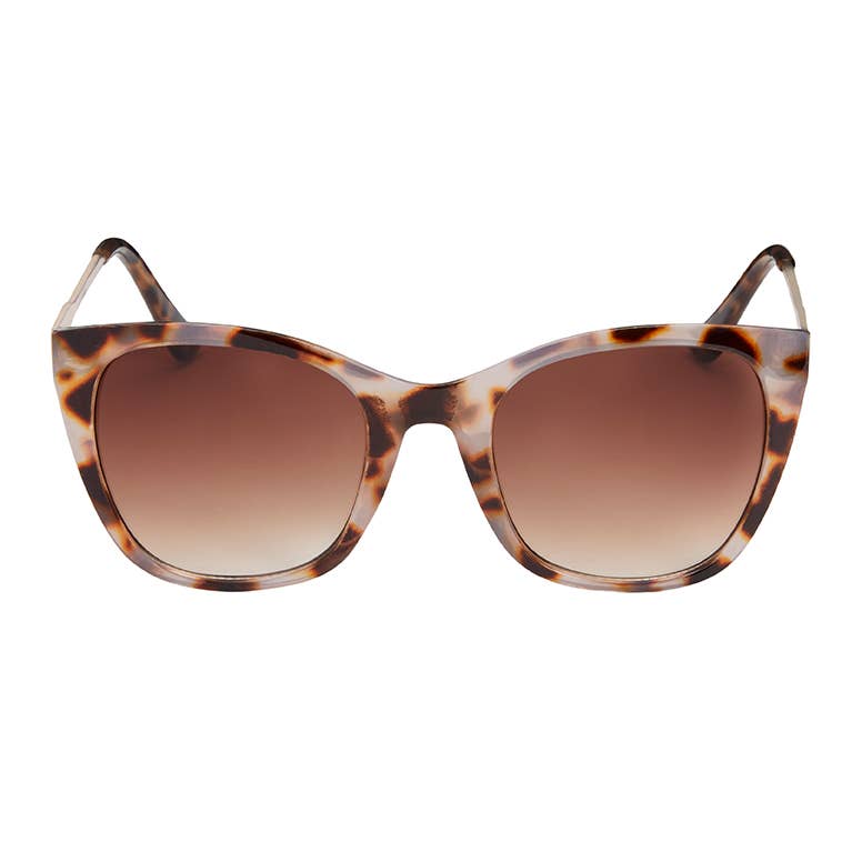 Sunglasses with tortoiseshell frame and brown lenses on a white background