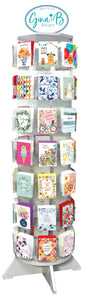 Greeting card display with various cards on a white background