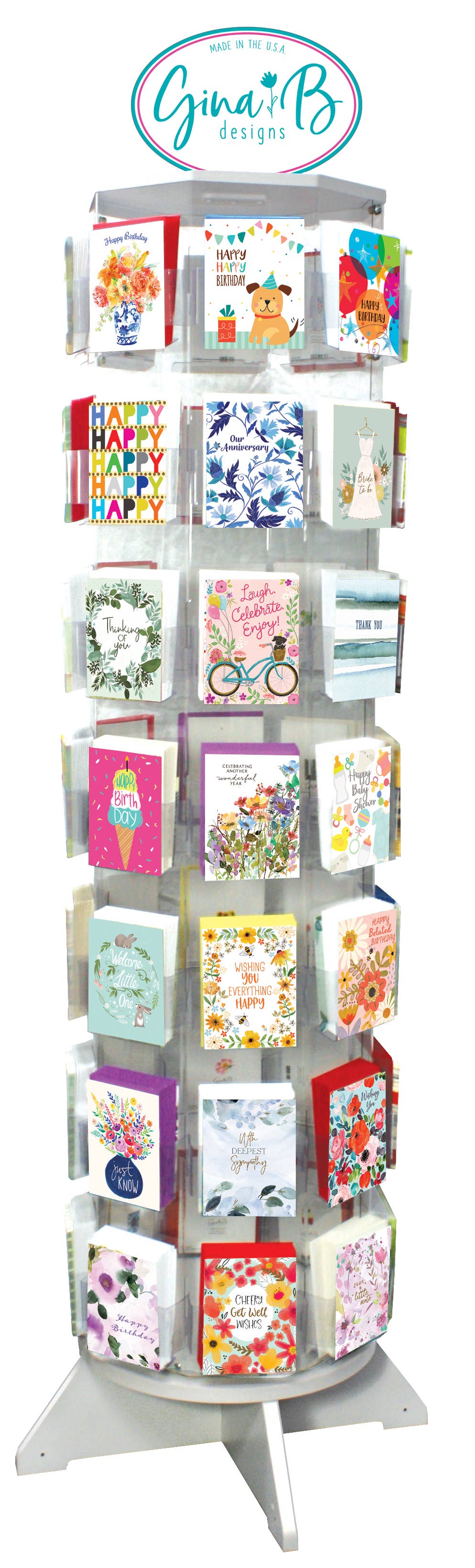 Greeting card display with various cards on a white background