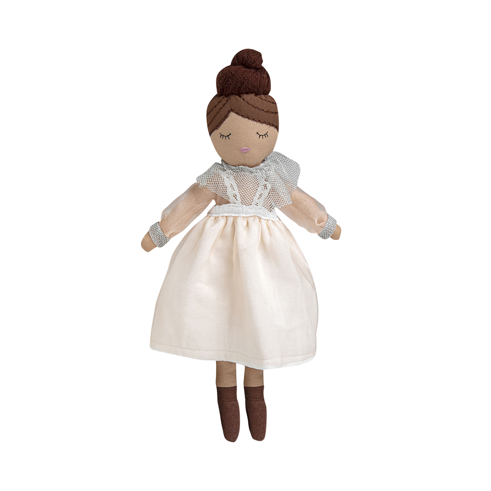 Toy doll with a white dress and brown hair on a white background