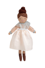 Toy doll with a white dress and brown hair on a white background